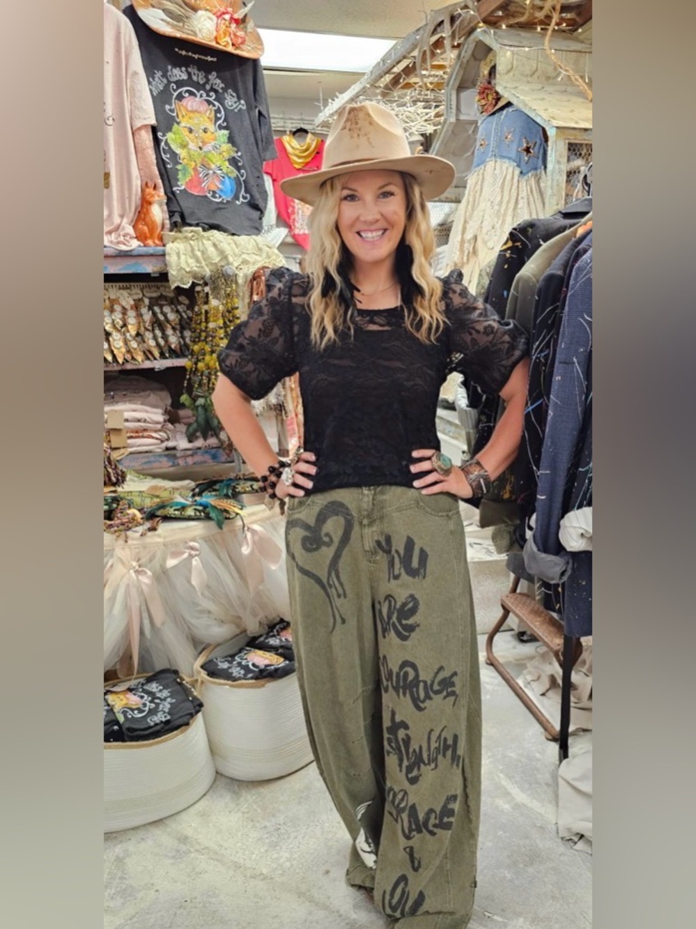 Brave Enough Womens Olive Graphic Wide-Leg Denim- a rare bird